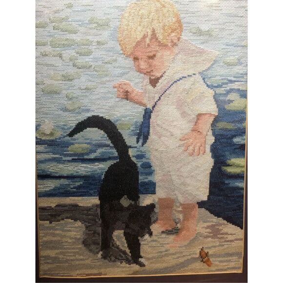 Finished and Framed Cross Stitch Janlynn Cross Stitch "Boy With Cat" 21” x 17” - Picture 3 of 11